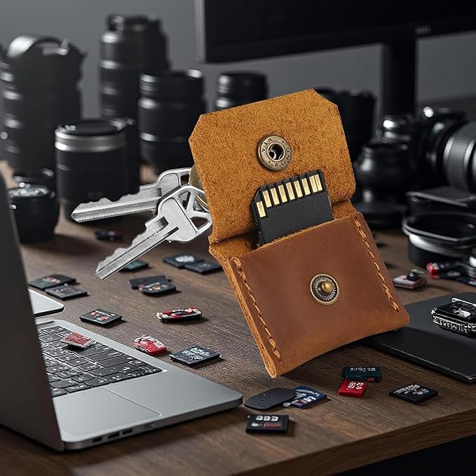 Jack&Chris Genuine Leather SD Card Holder Keychain, Anti-Shock Anti-Dust SD Card Case, Portable Camera Accessories for SD CF CFexpress Micro SD Nano SIM and Micro SIM Cards, Dark Brown 4 Packs