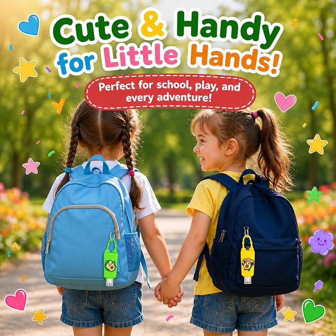 5-Pack Cartoon Kids Hand Sanitizer Holder, 30ml Travel Size Refillable Bottles with Silicone Case, Leak-Proof Portable Containers for Lotion & Liquid Soap (Avocado Fun)