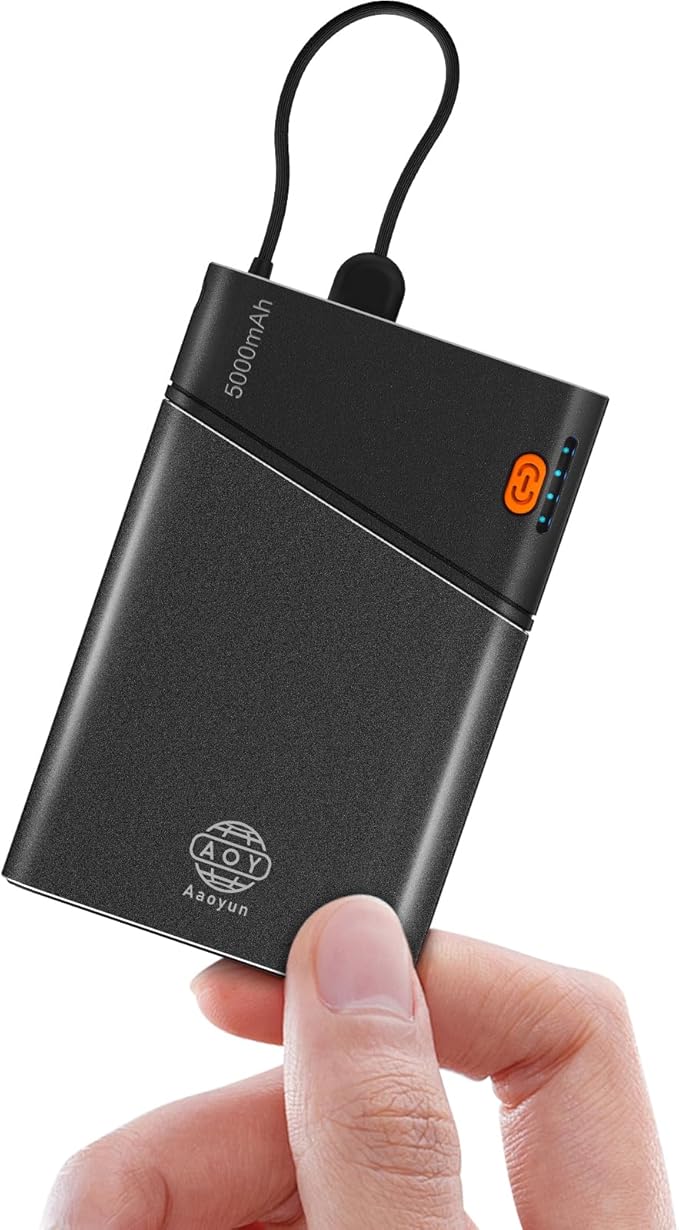 Aaoyun Mini Portable Power Bank, Smallest 5000mAh Portable Charger with Built-in USB C in&Out Fast Charging Cable, Compact Super Slim Mini Battery Pack for iPhone 17/16/15/14 Samsung S24 Android