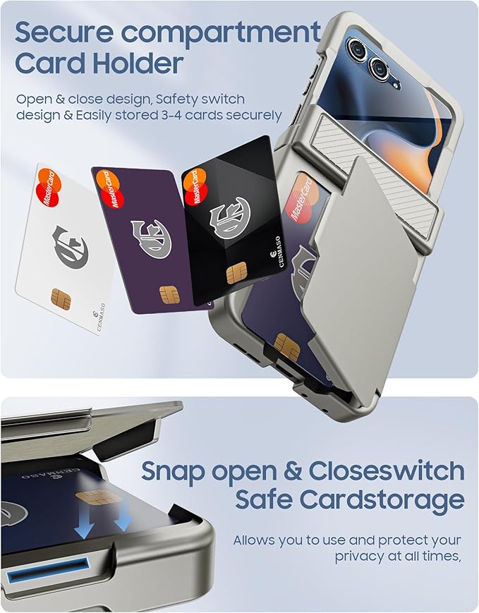 for Motorola Razr 2025 Case/Razr 2024 Case with Card Holder RFID Blocking, Built in Hinge Protection,Screen Protector,Full Body Rugged Shockproof Phone Case for Razr 2025/2024 (Titanium)