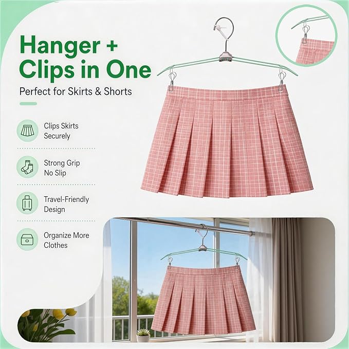 5 Pack Green Travel Hangers with Clips, Portable Stainless Steel Folding Clothes Hangers with Windproof Hook, Heavy Duty Non-Slip Space Saving Hangers for Cruise Essentials, Camping, Hotel