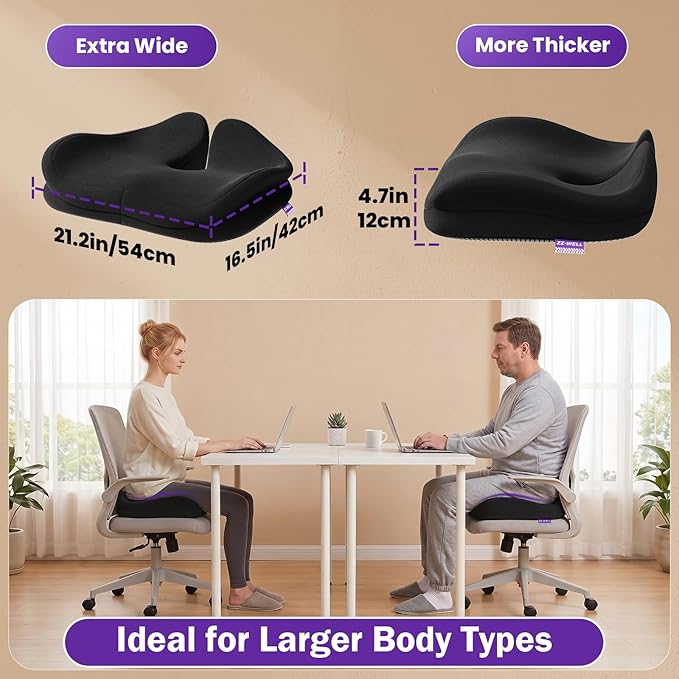 ZZ-WELL Seat Cushions for Office Chairs - Coccyx Cushion for Tailbone Pain - Memory Foam Extra Large Thick Seat Cushion 21.2 Inches, Patented Pressure Relief for Computer Gaming Chair (Black)