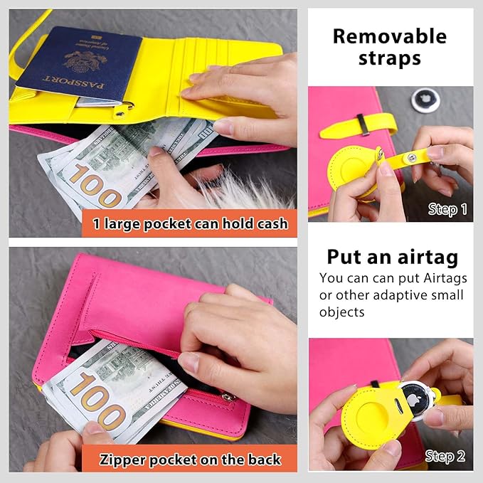 Passport wallets, Mulit-purpose RFID Blocking Passport Holder AirTag Wallet, Travel Wallet（Pink）