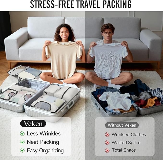 Veken 8 Set Packing Cubes for Travel Essentials,Anti-Wrinkle Buckled Suitcase Organizer for Shoe & Toiletry Bag,Carry On Luggage Bag for Airplane & College Dorm Room Accessories,Women Men Gifts