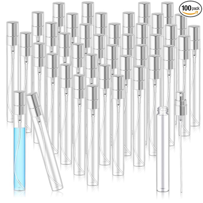 Zhehao 100 Pcs Mini Spray Bottles 10 ml Clear Glass Perfume Bottles Refillable Fine Mist Perfume Atomizer Portable Empty Sample Containers for Cleaning, Essential Oils, Travel (Silver Cap)