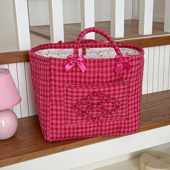 Floral Fabric Storage Basket Car Interior Storage Basket Underwear Sundries Laundry Baskets Supplies Home Organizer Bag (Rose red plaid)