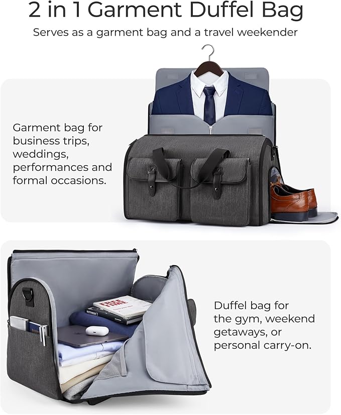 BAGSMART Garment Bags for Travel, Convertible Garment Duffle Bag Suit Bags for Men Women, 2 in 1 Garment Bags for Hanging Clothes, Carry On Duffle Bag with Shoe Compartment, Grey