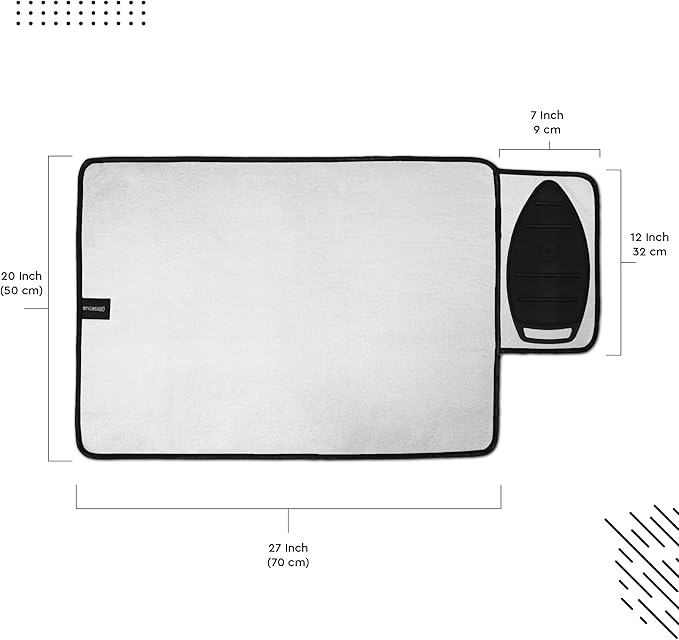 Encasa XO Ironing Mat/Pad - Metallic Silver (Small 28"x20") with 5mm Foam Padding & Silicone Iron Rest for Steam Pressing on Tabletop or Bed - Heat Reflective, Portable, Quilting