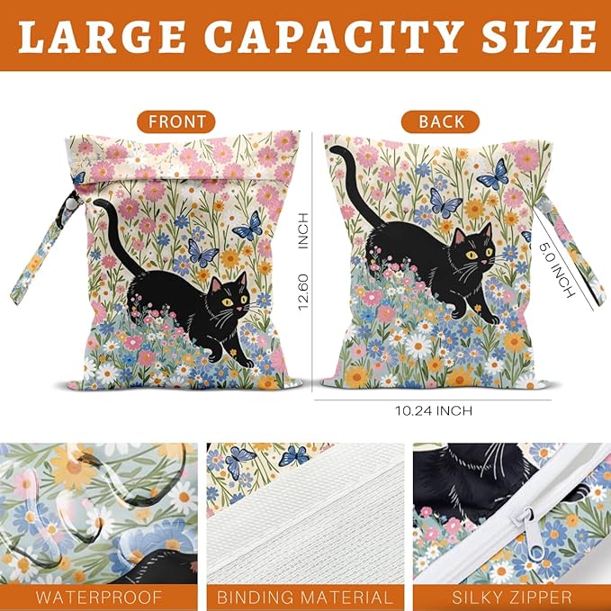 Black Cat Floral Wet Dry Bags Reusable Waterproof Wet Bags Swimsuit Bag Diaper Pouch for Swimsuits Diapers Towels Beach Cat Gifts for Women Friend Travelers 10 x 13 Inches