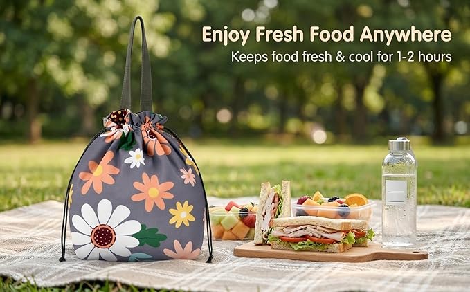 Reusable Small Lunch Bag,Drawstring Lunch Bag,Insulated Handbag Tote bag with Handle (Sunflower 2.0)