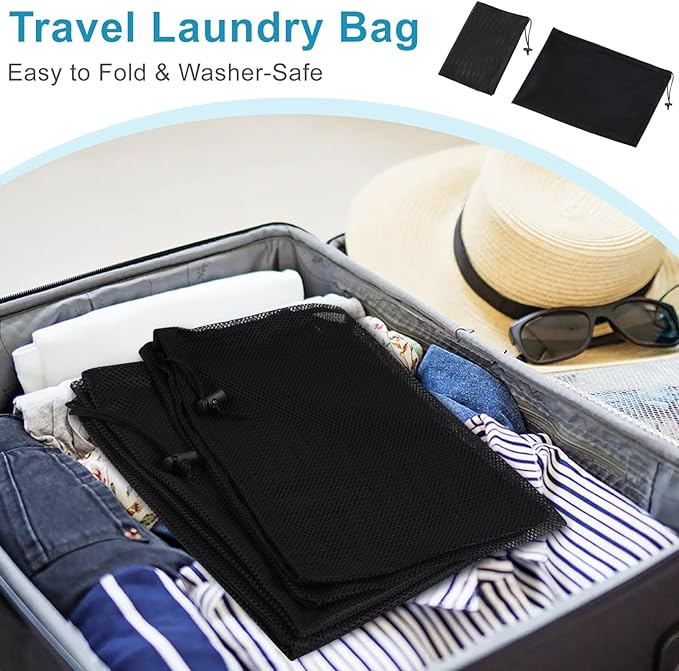3 Pack Mesh Laundry Bags, 2 Large & 1 Small Breathable Fabric Mesh Laundry Bag, Thick Drawstring & Tear Resistant Black Wash Bags for Home, Dorm, Travel & Camping