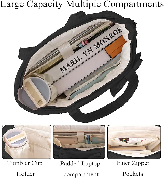 Puffer Tote Bag for Women, Quilted Bow Tote Bag with Cup Holder & 15.6 In Laptop Compartment for Work, Travel, Gym, College