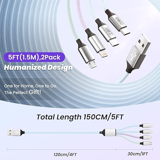 Dual Type C Ports Multi Charging Cable, 4 In 1 USB Cable Travel Charger for Multiple Devices with Two Type-C/Micro/IP Port, [2Pack/5FT] Phone Travel Vacation Essentials for All iPhone/Galaxy/Android