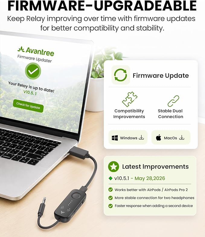Avantree Relay – Airplane Bluetooth Adapter for AirPods, Bose & Wireless Headphones, Qualcomm Chip, aptX Adaptive & HD Audio Transmitter, 25Hrs Battery, 3.5mm AUX for Flight, Travel & Gym