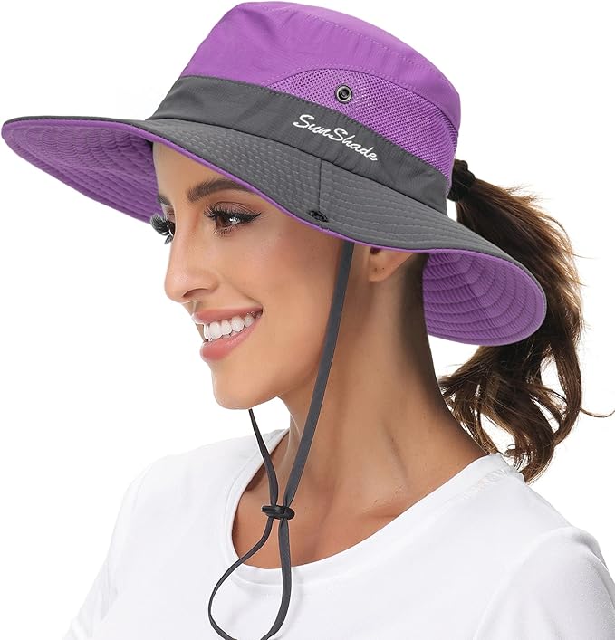 Sun Hat for Women Summer UV Protection Beach Hat Wide Brim Mesh Bucket Fishing Hat with Ponytail Hole Foldable Packable Hat