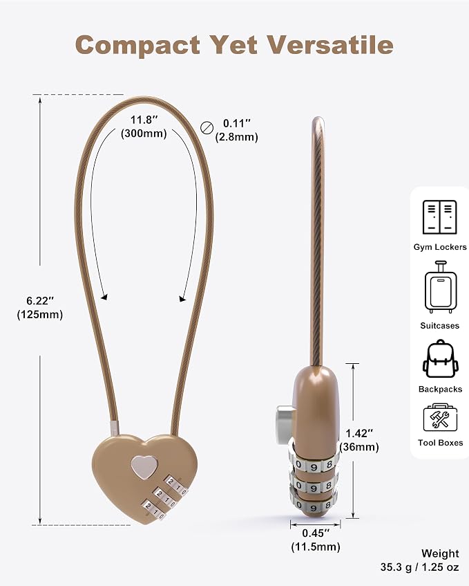Cable Locks with Combination, Combo Lock with Cable, Small Padlock Combination, for Travel Luggage, Bag, Bike Helmet, Pet Cage, Cabinet, French Refrigerator Door, Pool Gate, Outdoor Fence
