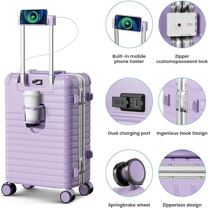 20 Inch Carry on Luggage with Cup Holder, Airline Approved 22x14x9 Aluminum Frame PC Hard Shell Suitcase, 360° Spinner Wheels, TSA Lock for Short Trips and Business Travel