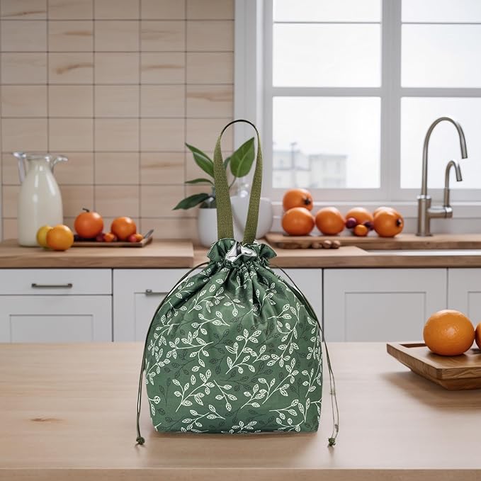 Reusable Small Lunch Bag,Drawstring Lunch Bag,Insulated Handbag Tote bag with Handle (New Leaf Green)