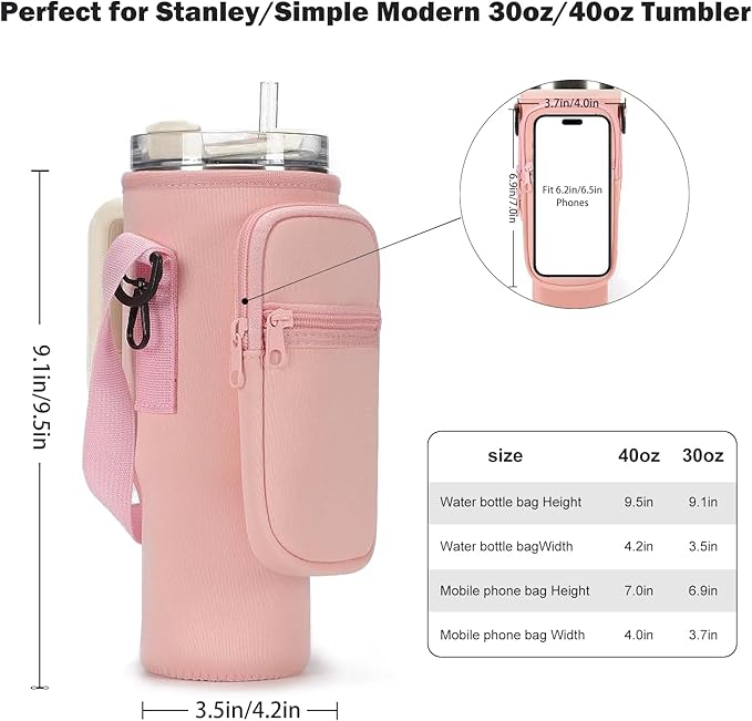 GOEWY Water Bottle Carrier Bag for Stanley 40/30 oz Tumbler with Phone Pocket Neoprene Water Bottle Holder with Shoulder & Handheld Strap Stanley Cup Accessories