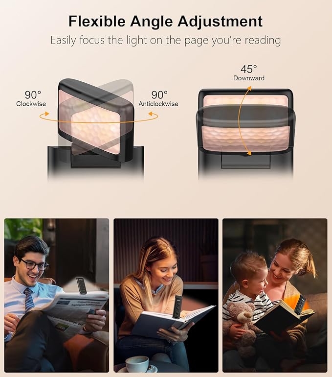 Gritin Book Light Rechargeable, Eye Caring 3-Color & 5-Brightness Clip on LED Reading Light for Books in Bed- Stepless Dimming, Long Lasting, Compact Size Flexible Book Lamp for Bookworms-Black