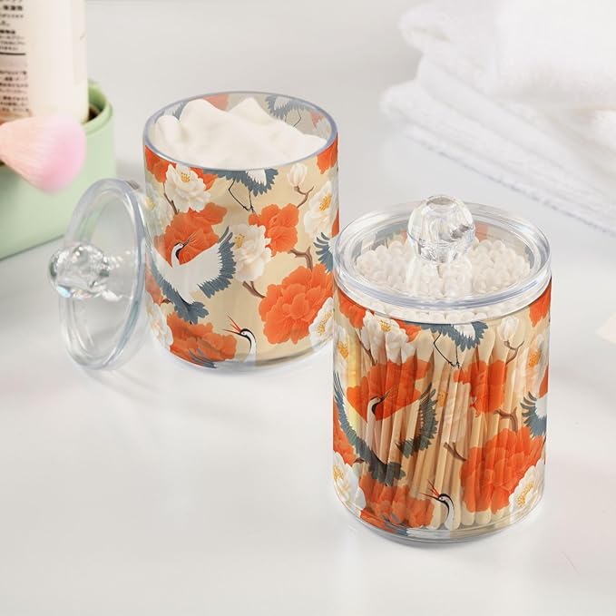2 Pack Qtip Holder Organizer Dispenser Cranes Orange Flowers Bathroom Storage Canister Cotton Ball Holder Container for Cotton Pads/Swabs/Floss
