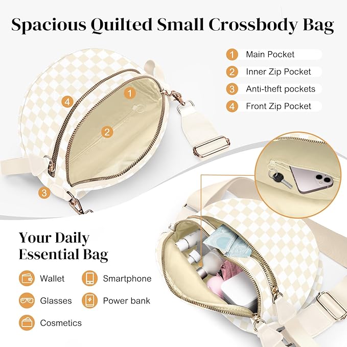 Spacious Nylon Checkered Crossbody Bum Bag for Women, Fashion Checkerboard Fanny Pack Purse with Anti-theft Pocket, Adjustable Wider Strap Wasit Bag (Beige)
