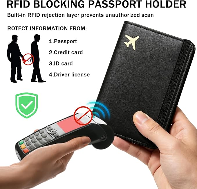 ZOPPEN RFID Blocking Passport Holder for Travel – PU Leather Waterproof Lightweight Passport Cover Wallet for Women Men, Travel Organizer with Card Slots for Airline Tickets & Passport Book (Black)