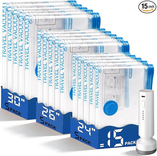 15 Pack Vacuum Storage Bags with Pump, Space Saver Travel Bags with Rechargeable Wireless Pump, Reusable Tear-Proof Compression Packing Cubes for Heavy Clothes/Bedding/Luggage/Moving 15 Combo Size