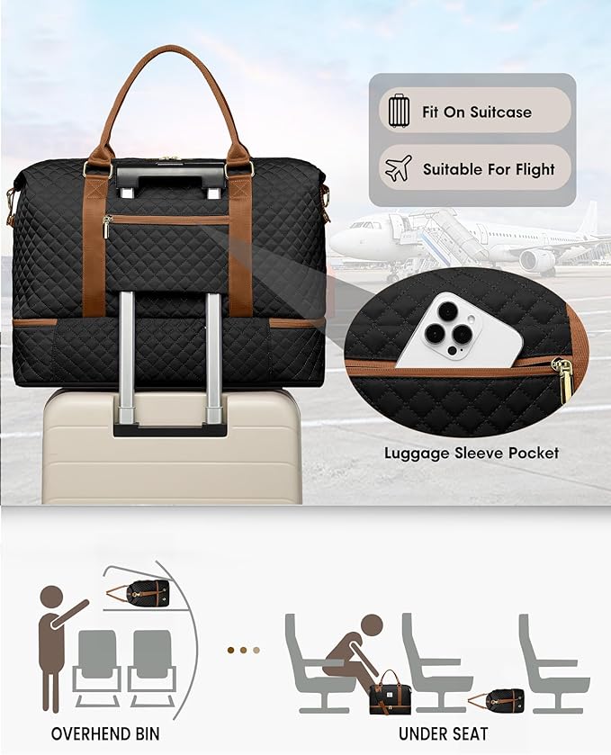 Travel Duffle for Women Weekender Bags - Large Duffel Overnight Bag with Shoe Compartment Carry on Tote Toiletry Weekend Yoga Gym Bags with Wet Pocket Hospital for Labor and Delivery Black Brown