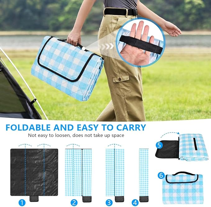 OBTANIM Extra Large Picnic Blanket 80 x 80 Inch Waterproof Foldable Beach Blankets Outdoor Picnic Mat for Camping Grass Lawn Park Music Festival Party Accessories (Blue and White)