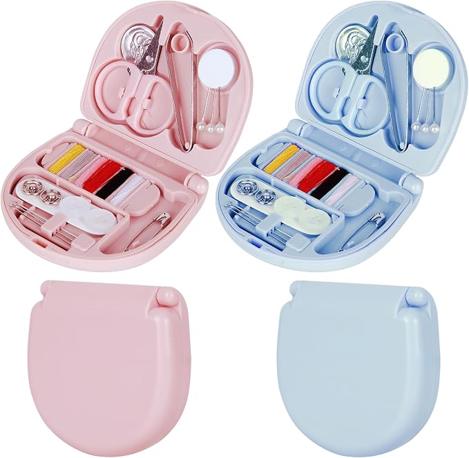 2 Pcs Mini Travel Sewing Kit,Handheld Sewing Machine Professional Portable Needle and Thread Kit Purse Mini Essentials Materials with Scissors,Threads,Needles(Soft Pink,Soft Blue)