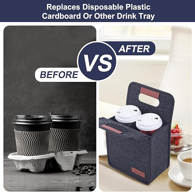 Foyego Portable Drink Holder - Foldable Travel Carrier with Reusable Insulated Coffee Cup, 2 Cup Holder, Free Your Hands