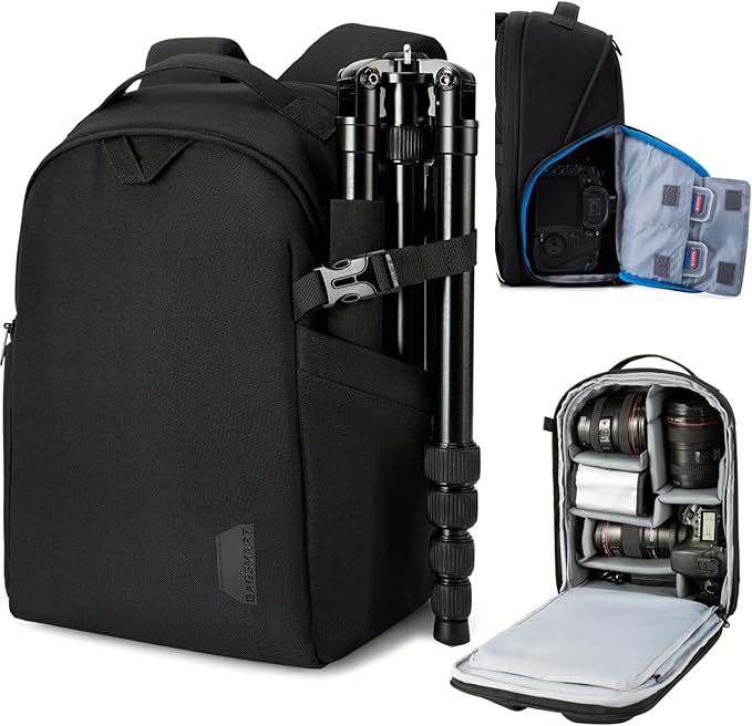 BAGSMART Small Camera Bag Backpack, DSLR SLR Camera Case Fits 13.3 Inch Laptop, Waterproof Photography Backpacks with Rain Cover Tripod Holder for Women Men, Black