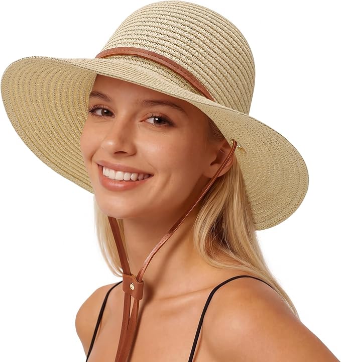 Beach Hat for Women, Wide Brim Sun Straw Hats for Women, Sun Hat Womens UPF 50+ UV Protection, Floppy Foldable Summer Hats