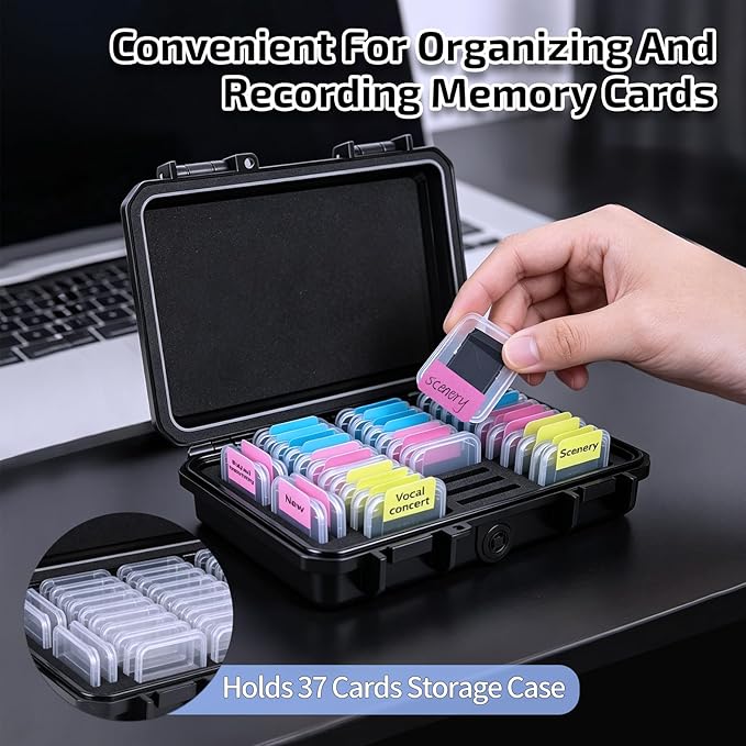 37 Slots Memory Card Case & 37 Transparent Card Cases & 60 Visual Sticky Notes, Water-Resistant Anti-Shock Anti-Dust SD Card Holder Storage,SD Card Case for Camera Memory Card Protector