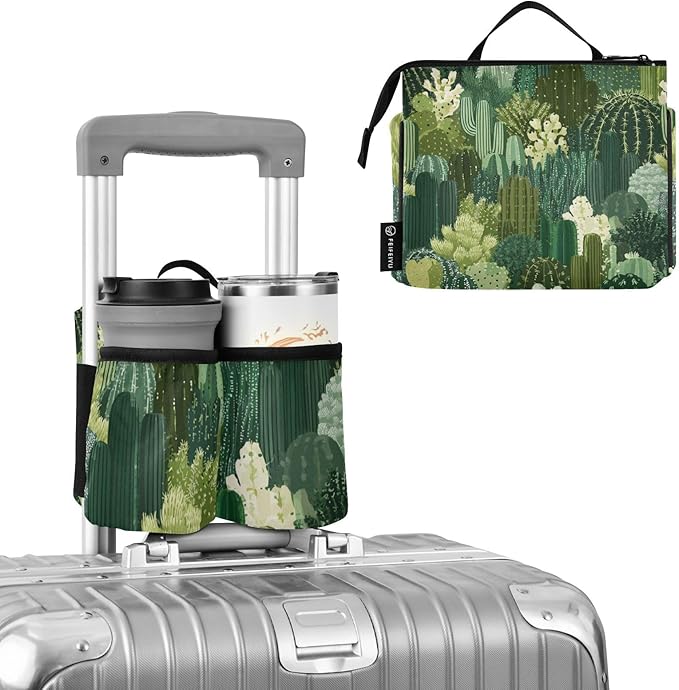 Luggage Cup Holder for Suitcases Free Hands Suitcase Cup Holder Travel Luggage Drink Holder Portable Luggage Cup Caddy Bag Carrier with Handle Green Cacti Plants