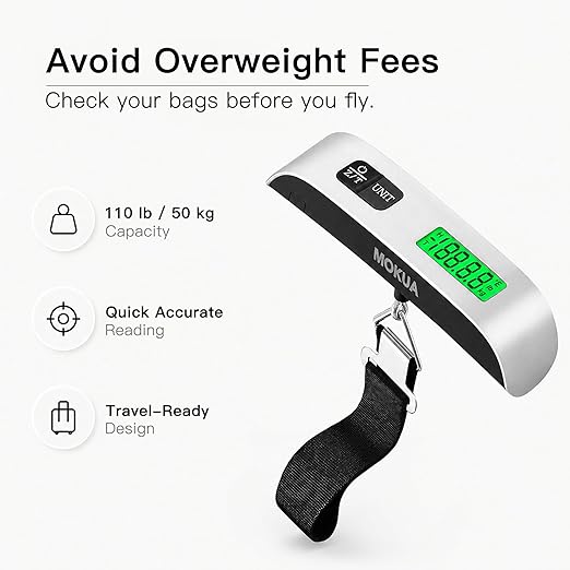 MOKUA Portable Digital Luggage Scale, 110lbs Hanging Baggage Scale with Backlit LCD Display, Portable Suitcase Weighing Scale, Travel Luggage Weight Scale with Hook