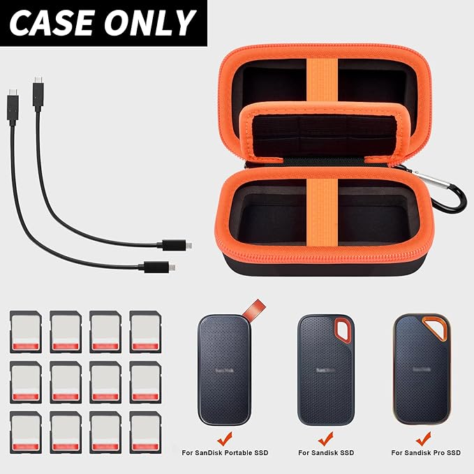 COMECASE Dual SSD Case for SanDisk Extreme Portable SSD & Extreme Pro, Hard Drive Storage Bag Fits 1TB 2TB 4TB 8TB External Solid State Drive, with 12 SD Card Slots, for Travel - Orange (Box Only)