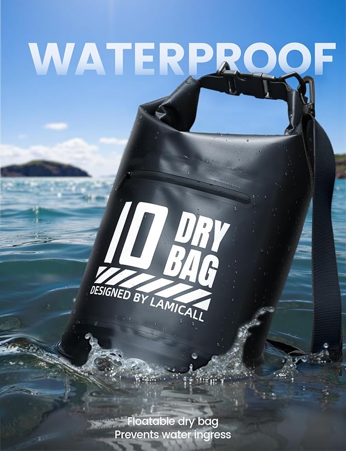 Lamicall Waterproof Dry Bag with Phone Pouch, Floating Roll Top Backpack, 20L, Black