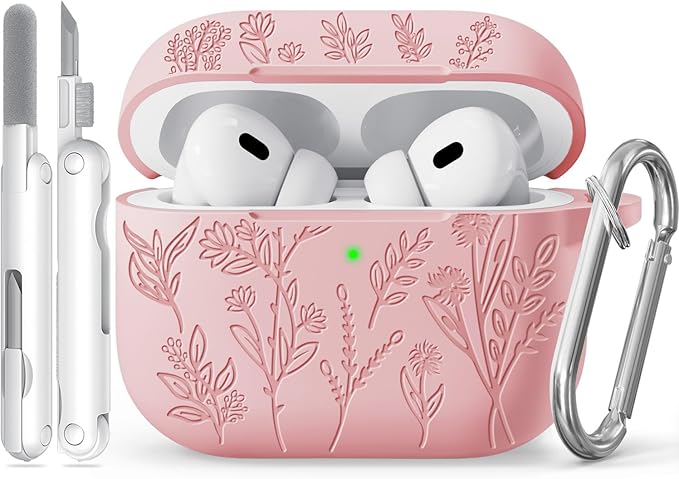 Flower Engraved Case for Apple AirPods Pro 2 Gen with Clean Kit,Soft Silicone Protective Case Cover for AirPods Pro 2nd/1st Generation AirPod Case Carabiner,Front LED Visible,Pink
