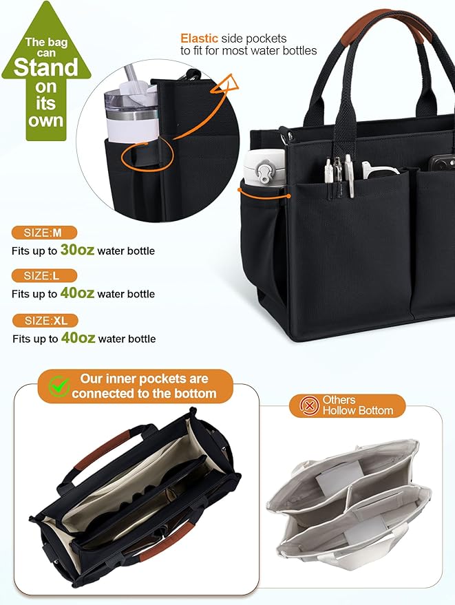 FIORETTO Womens Canvas Tote Bag Purse with Individual Compartment, Zipper Top, Reinforced Bottom & Luggage Sleeve