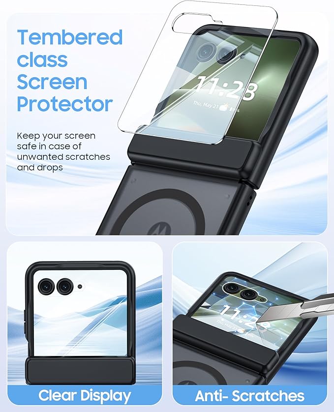 Magnetic for Motorola Razr+ Plus 2026,Razr+ 2025/2024 Case,Hinge Protection, Screen Protector, Compatible with MagSafe, Translucent Frosted, Shockproof Cover for Razr+ 2026/2025/2024-Black