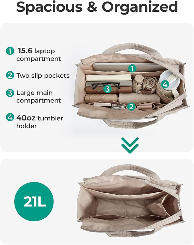 BAGSMART Tote Bag for Women, 2Pc Puffer Tote Bag with Zipper, Quilted Work Tote Teacher Bag Shoulder Handbag | Beach Tote
