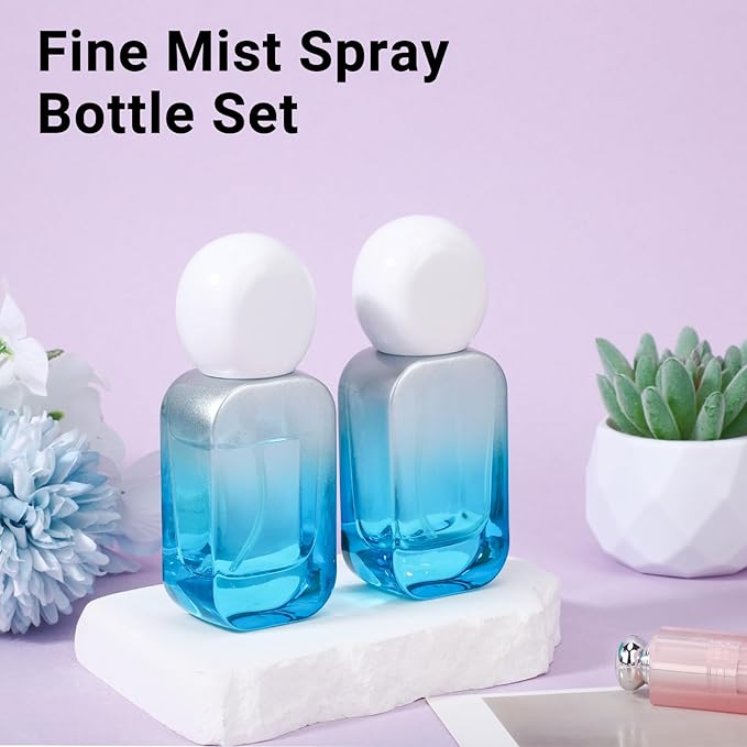 Segbeauty 1oz Fine Mist Glass Spray Bottles Empty for Travel, 2pcs Square Blue Perfume Refillable Travel Size Spray Bottle with Round Cap, 30ml Perfume Atomizer Sprayer, Small Liquid Containers Bottle