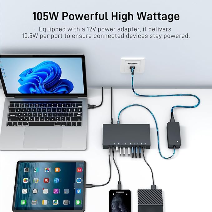 10 Port Powered USB 3.0 Hub, Industrial Rack Mountable USB Data Hub with 12V/3A Adapter 105W Output ESD Protection, Rugged Metal Case USB Expander Splitter