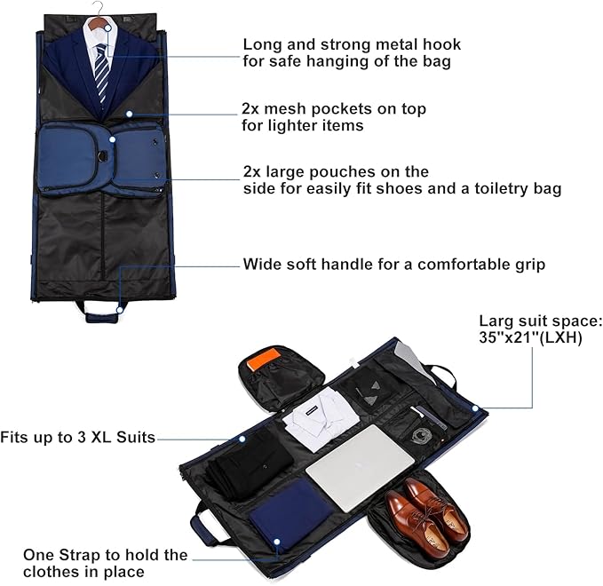 Convertible Garment Bags for Travel, Large Suit Bag Garment Duffle Bag with Shoulder Strap & Shoes Compartment, Carry On Garment Bag for Men Women-2 in 1 Hanging Suit Bags for Travel, Blue