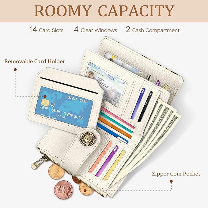 Icycay Black Cat Small Wallet Women RFID Blocking Bifold, Cute Credit Card Holder, Zipper Coin Pocket, Compact, Travel, PU Leather, 4 ID Window, 14 Card Slots, Cash Purse, Ladies Woman Female Girls