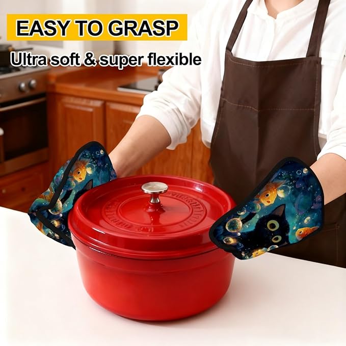 Underwater Cat and Fishes Pot Holders with Pockets 2 PCS, Heat Resistant Oven Mitts Hot Pads for Kitchen Baking Cooking, Square Thick Pot Holders Kitchen Hot Potholders, 8.5x10 Inches