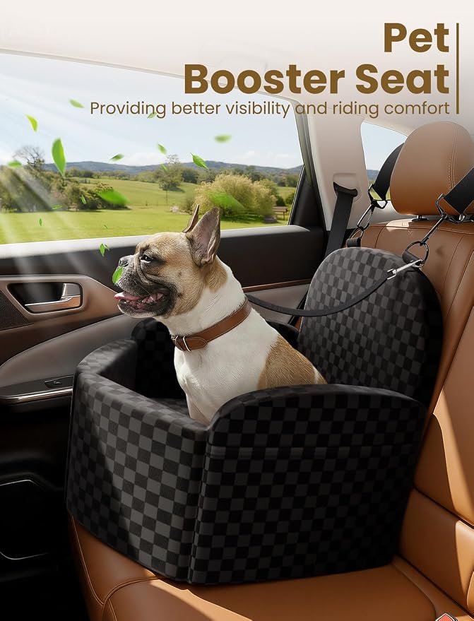 Dog Car Seat for Small/Medium Dogs, Elevated Dog Booster Seat with Memory Foam Cushion for Dogs Under 35lbs, Detachable Washable Pet Car Seats with Storage Pockets & 2 Safety Belts (Black)