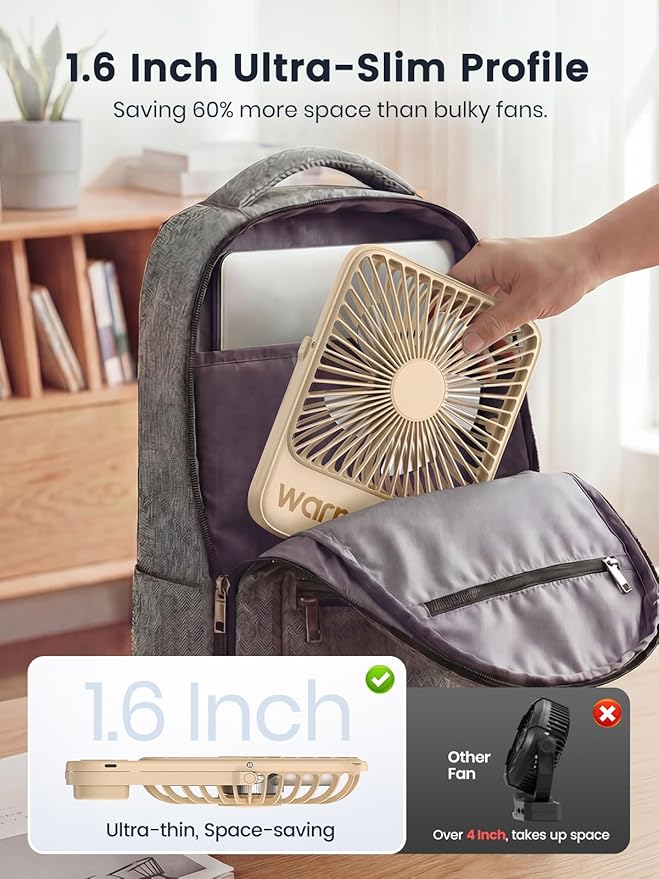 Warmco 10000mAh Portable Travel Fan 7-inch, Up to 24H Runtime, Ultra-thin Quiet Rechargeable Battery Operated Desk Fan with Digital Display for Camping, Office, Bedroom, Cruise Essentials